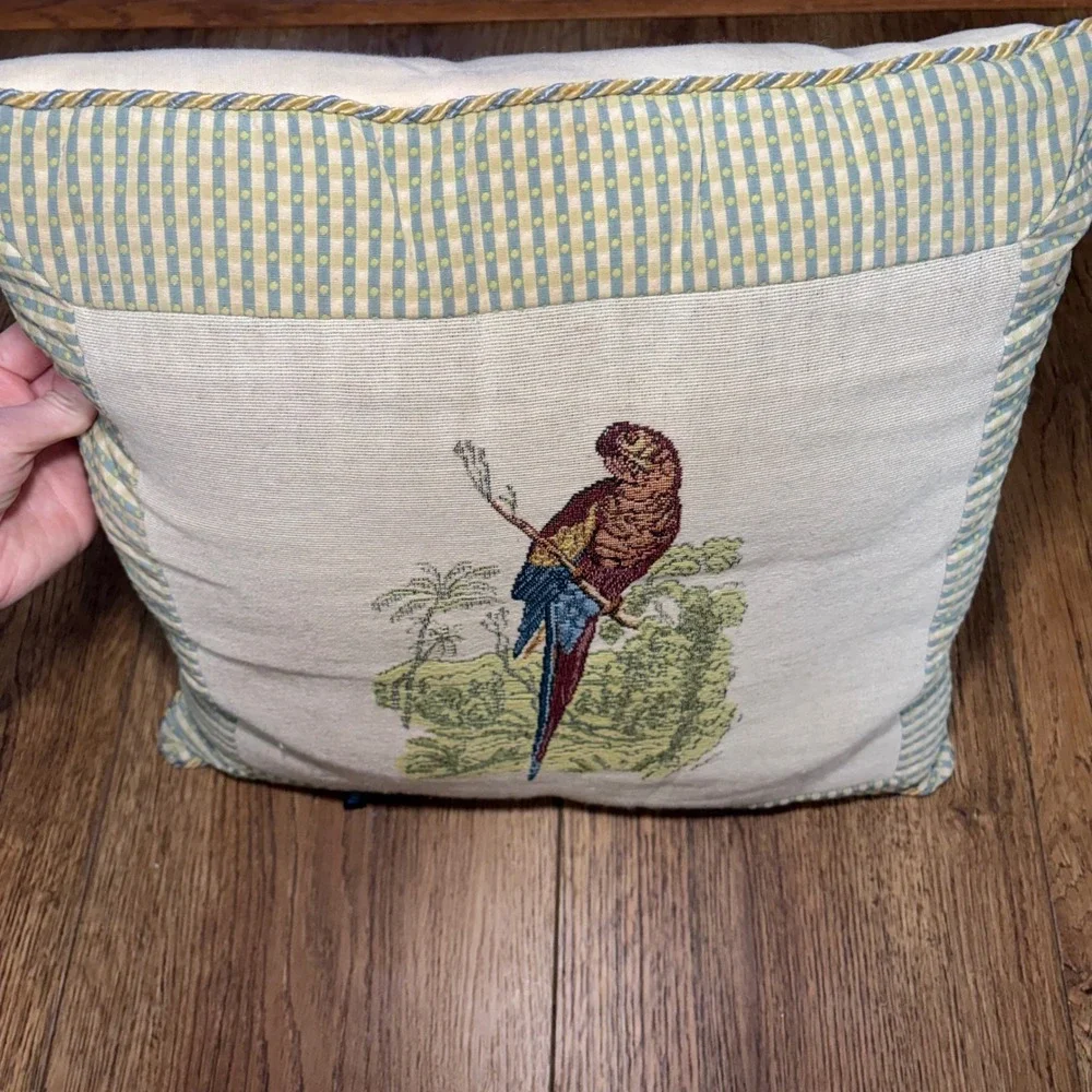 DakotaH‎ Parrot Tapestry Throw Pillow Tropical Gingham Border Blue Green 15x15